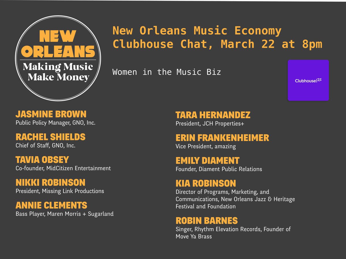 MidCitizen's tweet photo. Tune in to @GNOinc’s Clubhouse at 8pm for a discussion on how women (including MidCitizen Co-Founder Tavia Osbey) are making waves in the music biz. #MakingMusicMakeMoney
Join: https://t.co/YcQbCcZ5EY https://t.co/yfPPwuk1Oy
