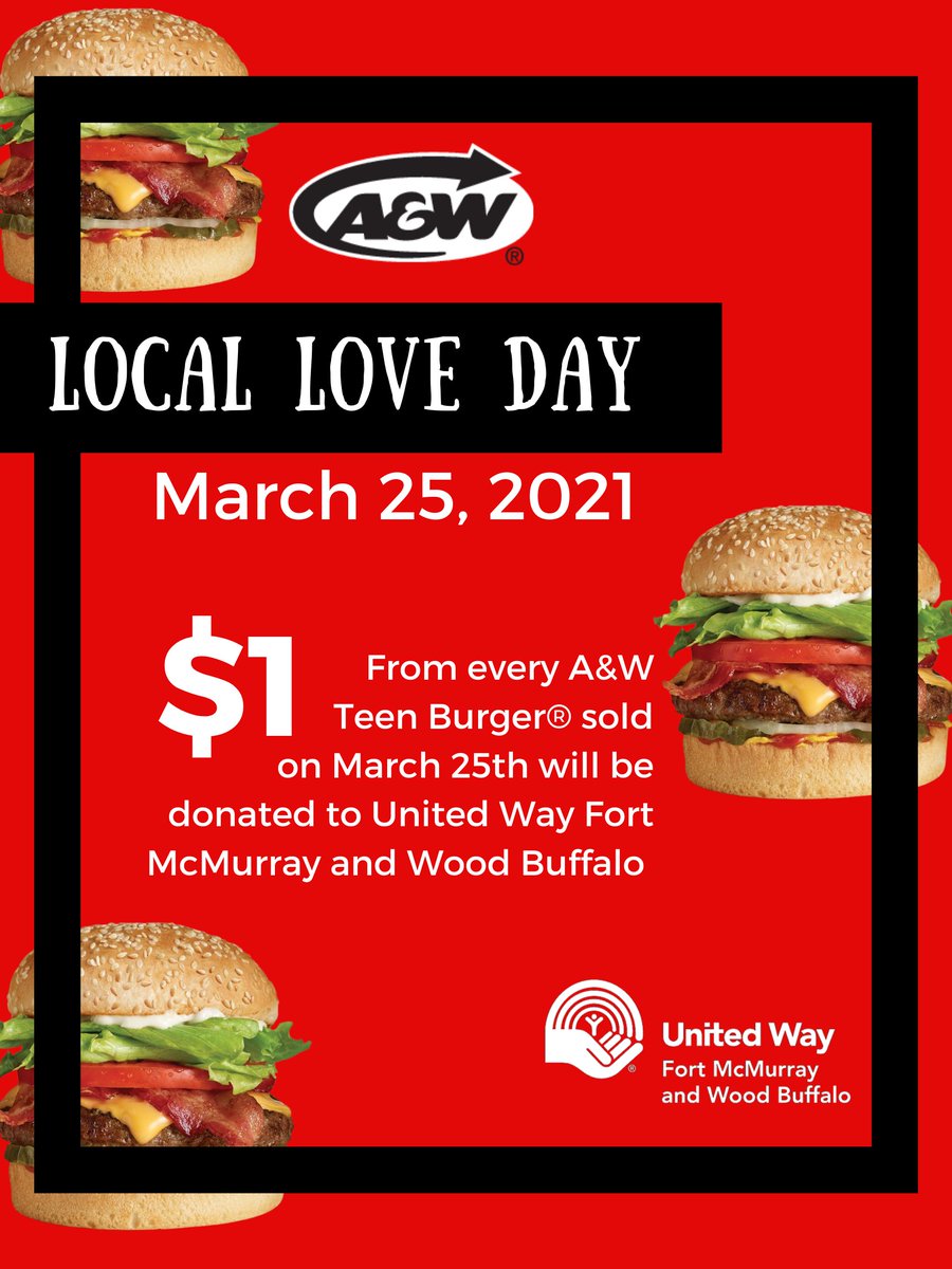 The team at <a href="/AWCanada/">A&W Canada</a> is ready for #LocalLoveDay, are you? ❤

$1 from every teen burger sold on March 25th in #YMM will be donated to United Way! Grab yourself a delicious burger while also supporting our community's most vulnerable! #localloveymm #nowmorethanever