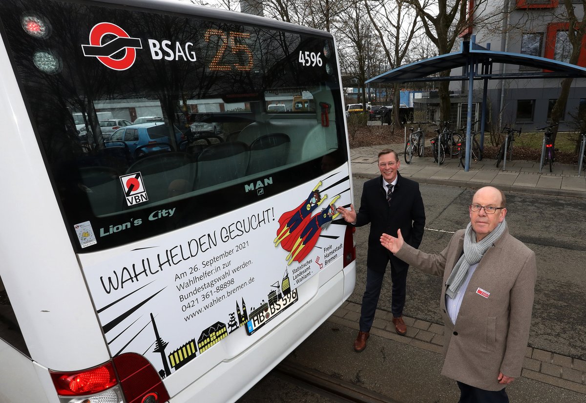 Wahlheld:innen gesucht! Bürgerschaftspräsident Imhoff &amp; Landeswahlleiter Cors haben heute einen Aufruf gestartet. Zur #Bundestagswahl werden rund 3.900 Wahlhelfer:innen gesucht. Interesse? 👉 sohub.io/wj6n 
#WahlHelden #BusWerbung #DeinEinsatz #Bremen <a href="/bsag_bremen/">BSAG</a>