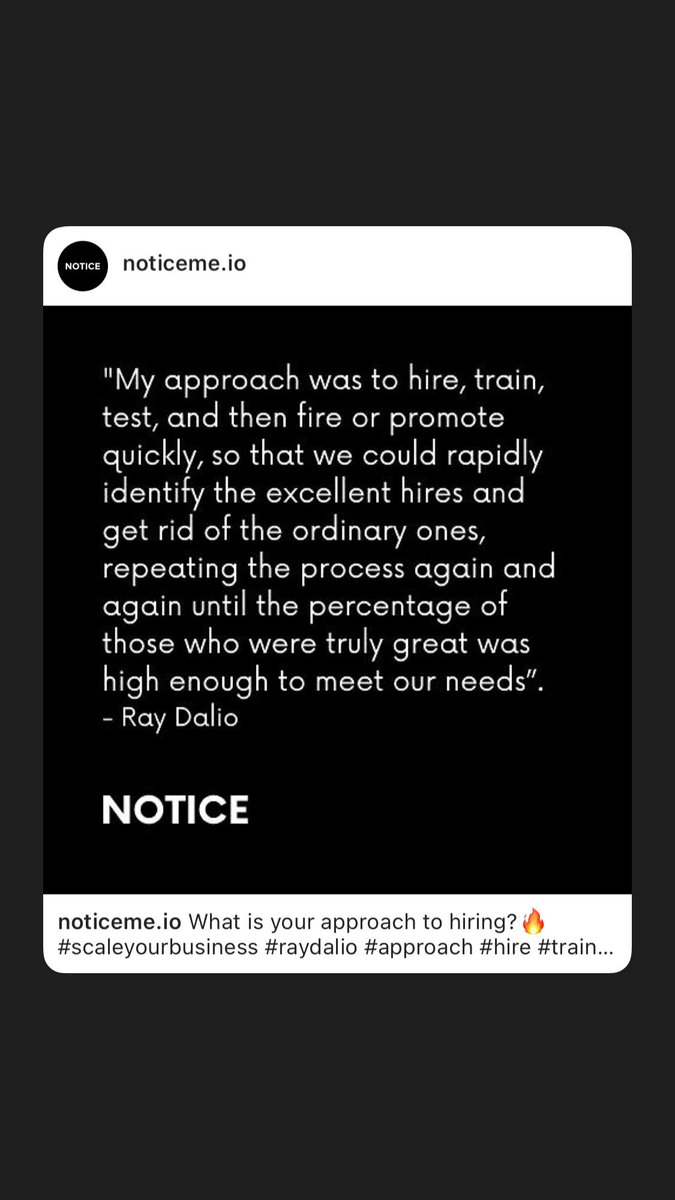noticemeio's tweet photo. What is your approach to hiring?๐ฅ#scaleyourbusiness #raydalio #approach #hire #train #test #fire #promote #quickly #rapidly #identify #excellent #hires #repeattheprocess #trulygreat #highenough #principles #startup #recruitment #executivesearch #noticemeio #notice ๐@RayDalio https://t.co/Ttcs80Hj6N
