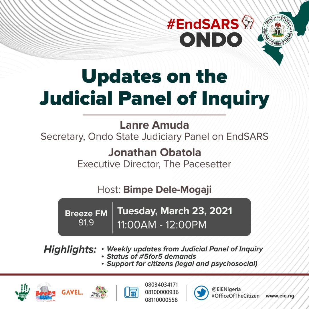 Lane Amuda of <a href="/OndoSarsPanel/">Ondo State Judicial Panel on SARS</a> and Jonathan Obatola is our guest tomorrow on <a href="/breez919fm/">Breez 91.9FM</a>. Tune in at 11am to be a part of the conversation.
#OOTCOndo
#OfficeOfTheCitizen 
#EndSARS