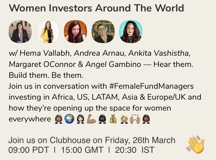 Thrilled to be hosting my first @joinClubhouse event this Friday. Join me in conversation with <a href="/Andreopolis/">Andrea Arnau</a>, <a href="/gambino/">gambino</a>, #AnkitaVashista &amp; <a href="/OConnor_Global/">Margaret O'Connor</a> as we share insights as women investors around the world 🌍💰💪🏽
Click link to join: joinclubhouse.com/event/M5e6kWZl