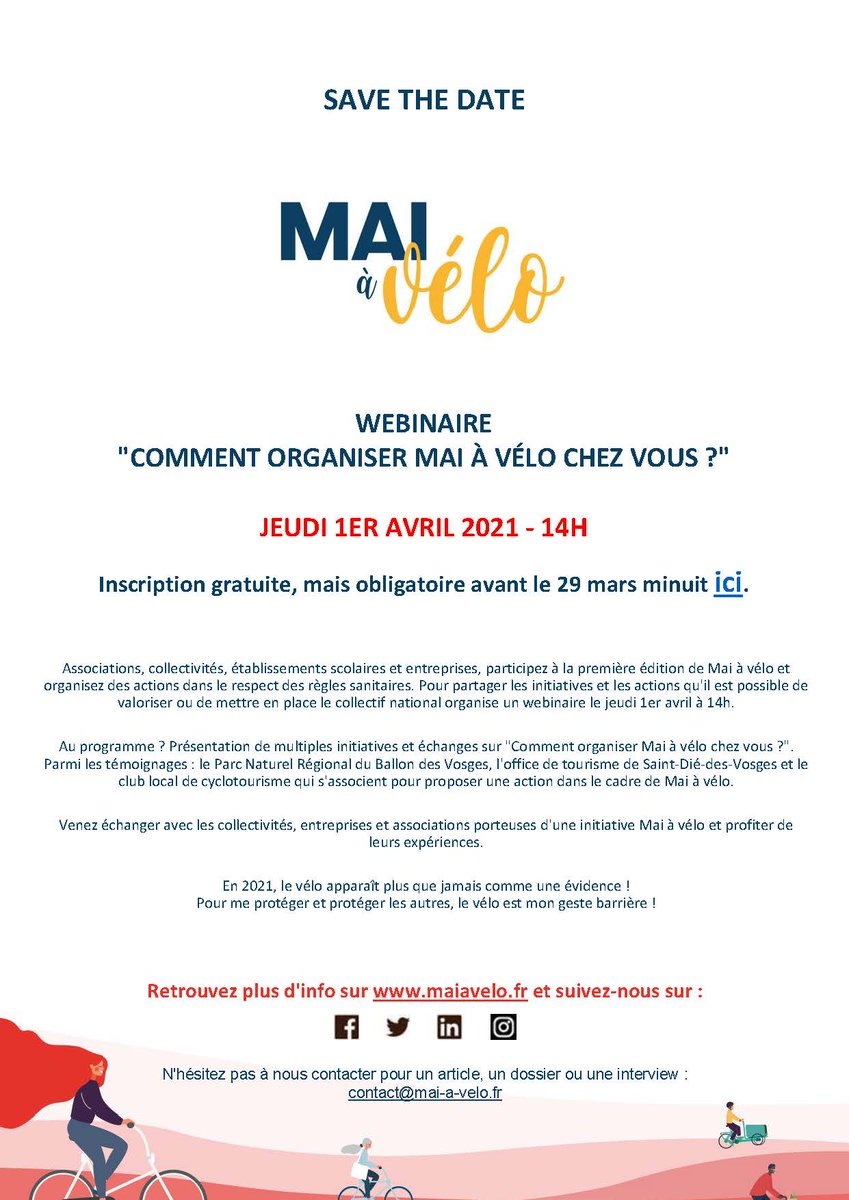 mai_velo's tweet photo. Notre premier webinaire Mai à vélo où "Comment organiser Mai à vélo chez vous ?" aura lieu jeudi 1er avril prochain à 14h !
Pour vous inscrire c'est ici : https://t.co/DmPF4W1GG6
Attention, il n'y a que 100 places disponibles !
#maiavelo https://t.co/Y3KQA4LSNQ
