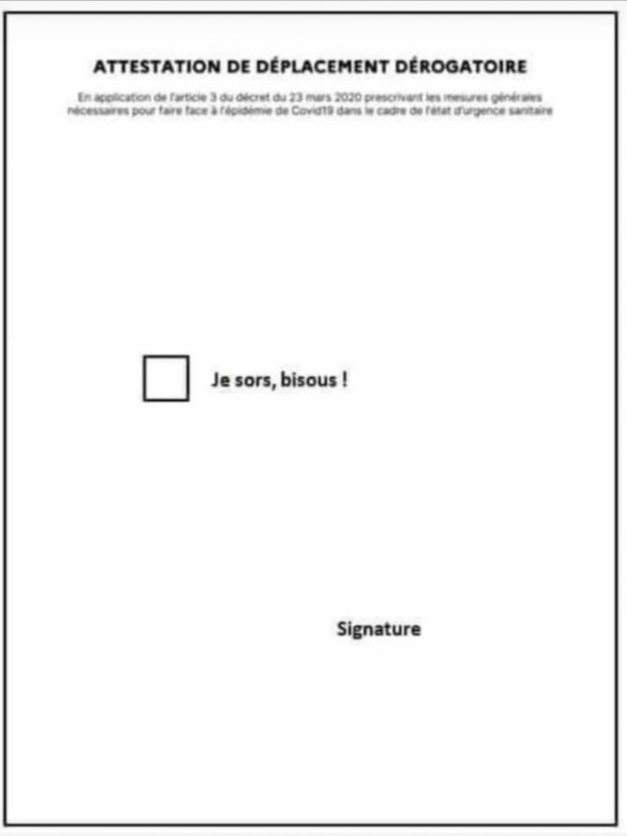 VirusDuLoL's tweet photo. Nouvelle attestation simplifiée : je sors, bisous ! 
Plus de 430 blagues anti-covid à retrouver ici : https://t.co/LxWWHBw3WF #blague #humour #covid #confinementSaison3 #confinement #CouvreFeu https://t.co/HkDgBIALE7