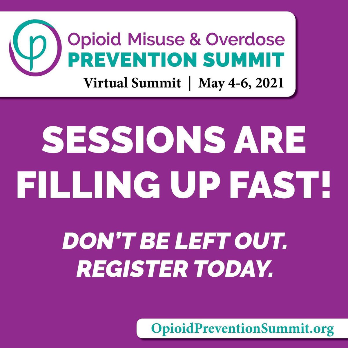 OpioidSummit's tweet image. Hurry. Sessions are filling up FAST! Once we&apos;re full, we will close registration for the 2021 Opioid Misuse &amp;amp; Overdose Prevention Summit on May 4-6th. OpioidPreventionSummit.org #NCOpioidSummit #OPSummit #OpioidSummit #MentalHealth #PublicHealth #OpioidCrisis #OpioidEpidemic