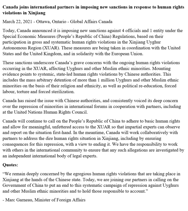 Systematic Rights Violations In coordination with allies, Canada announced new sanctions against 4 ...