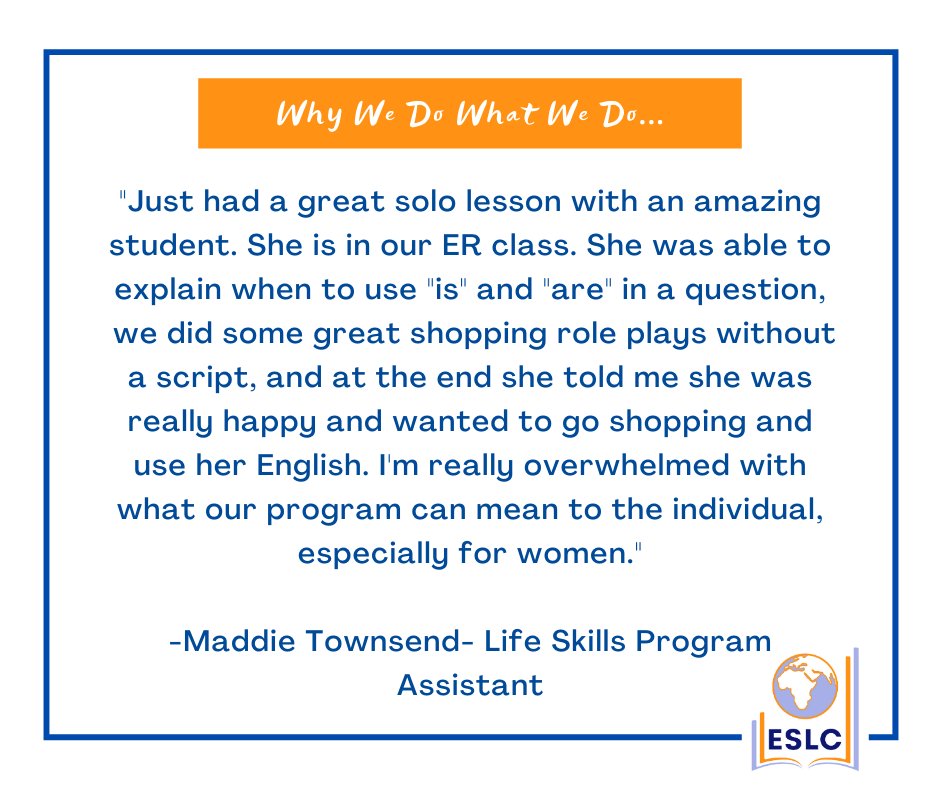 "... I'm really overwhelmed with what our program can mean to the the individual, especially for women."  -Maddie Townsend- Life Skills Program Assistant #ESLC #WhyWeDoWhatWeDo #ESLCStudentsAreAmazing