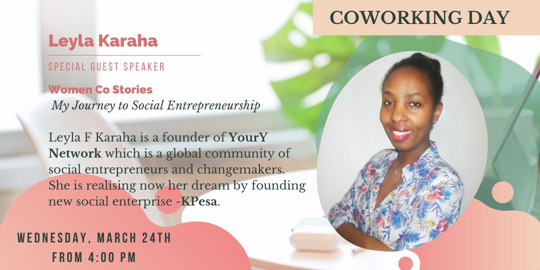 Discover the stories behind the women in our community. 🤩

This Wednesday the story come from Leyla Karaha <a href="/Miss_Faru/">Leyla F Karaha</a>  a founder of YourY Network @yourynetwork  &amp;she is now realising her dream by founding a new social enterprise called KPesa  
Join us👇
eventbrite.ie/e/online-cowor…