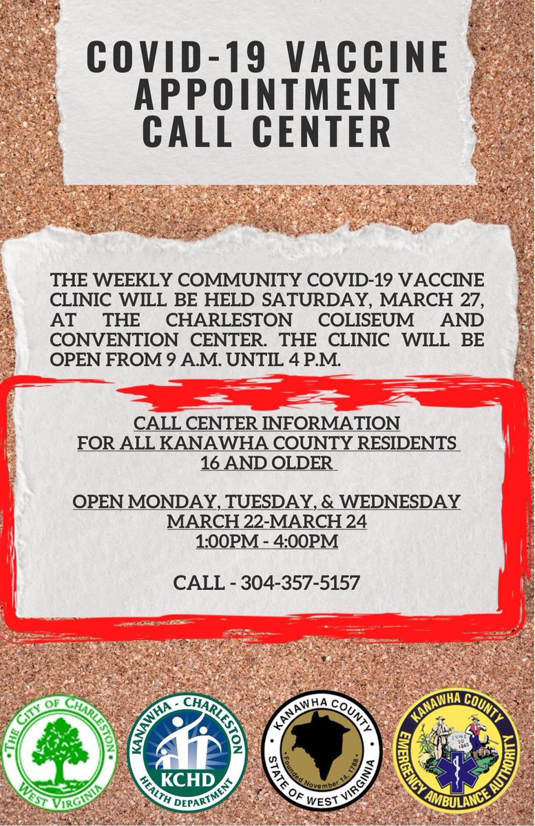 KCHealth1's tweet photo. Call 304-357-5157 today, tomorrow or Wednesday afternoon to schedule your COVID-19 vaccine appointment. https://t.co/sgnT2y68oH