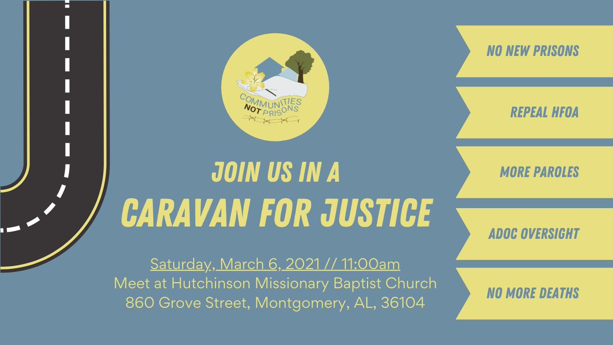 This Saturday, join <a href="/CommsNotPrisons/">Communities Not Prisons</a> for a car caravan for justice in Montgomery, Alabama.

Elected officials in Alabama have failed our communities again and again, and they must know: we demand better.

To RSVP and for more info, hit the link below.

🔗: facebook.com/events/4798372…