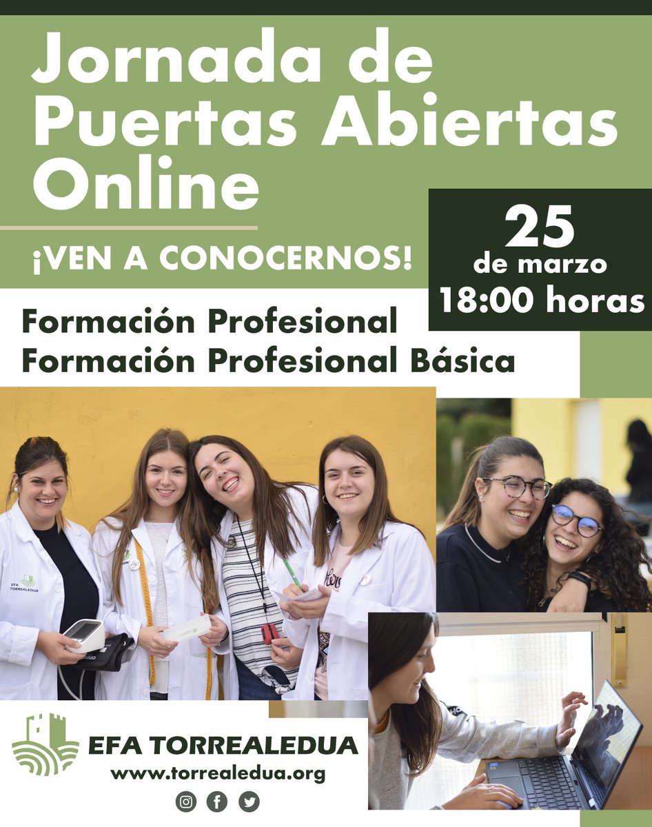 🟢📚 En la #EFATorrealedua te ofrecemos toda nuestra experiencia formativa para ayudarte en tu futuro profesional 👏

🤔 ¿Quieres conocernos de cerca? ¡Hazlo en nuestra jornada de puertas abiertas online del próximo 25 de marzo! 😉

📝 Reserva tu plaza ➡ forms.gle/N2fASZWRFitd7f…