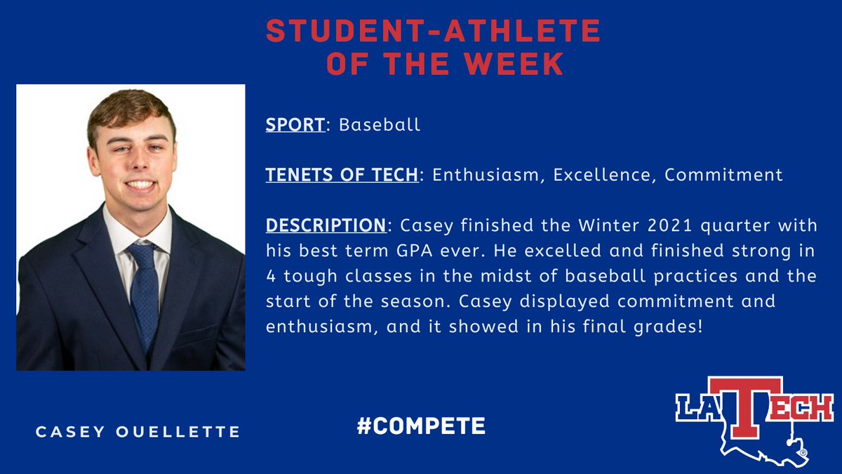🚨 We have a NEW Student-Athlete of the Week! 🚨

Casey Ouellette, a pitcher for the newly ranked <a href="/LATechBSB/">Diamond Dogs</a> squad, obtained his best ever term GPA in the Winter 2021 quarter!

Way to #CompeteCompeteCompete, Casey!! ⚾️📕✅
