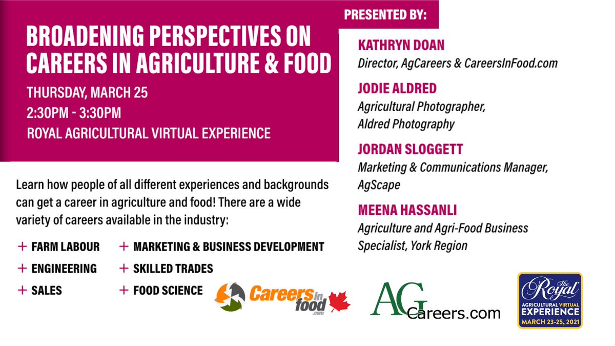 Learn about the wide variety of career opportunities in Agriculture & Food at our 'Broadening Perspectives on Careers in Agriculture & Food' webinar this Thursday at 2:30 PM! The webinar is a part of @THERAWF spring sessions, register here: royalfair.vfairs.com/en/live-spring…