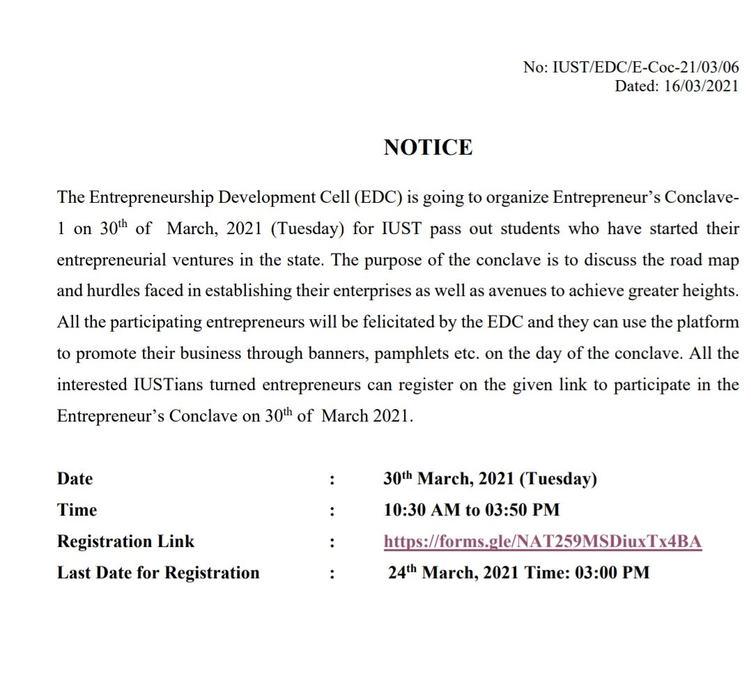 iustjk's tweet photo. Entrepreneurship Conclave for Alumni at IUST.

IUST entrepreneurs should register here: https://t.co/jcfYhfji4s https://t.co/bbj9PKcJL5