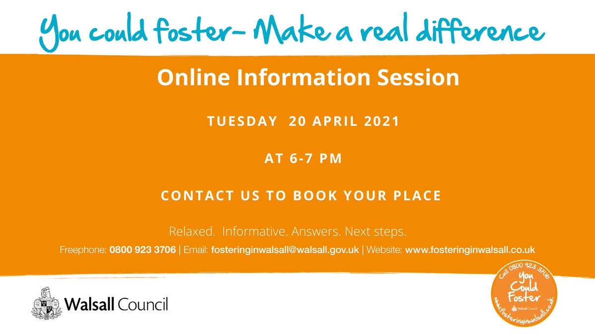 Foster4Walsall's tweet photo. Come along to our Fostering Information Session. Talk with our experienced foster carer and find out first hand about what is involved. The sessions are:
- Free
- Informative
- Relaxed
- Just 1 hour of your time https://t.co/3J0F8UgzXI