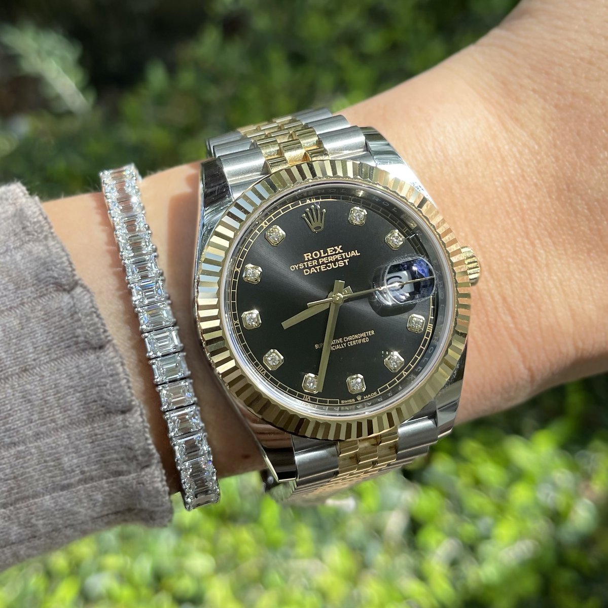 Diamonds &amp; Datejusts, a classic combo 💎✨ Pre-Owned Rolex Datejust 41 with black diamond dial and emerald cut diamond tennis bracelet available at #ProvidentJewelry
