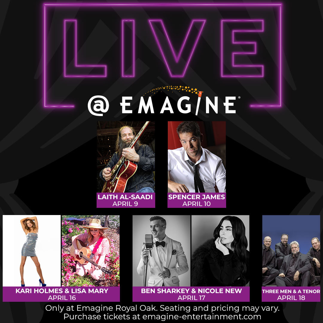 EmagineTheatres's tweet photo. LIVE @ Emagine begins Friday, April 9, 2021 exclusively at Emagine Royal Oak! LIVE @ Emagine will feature local, regional or national music acts, DJ’s or Comedians for an exciting evening in theatres! 🎶 🎷 

Tickets: https://t.co/k2DT9RTwuY https://t.co/2ICdHdvKw6