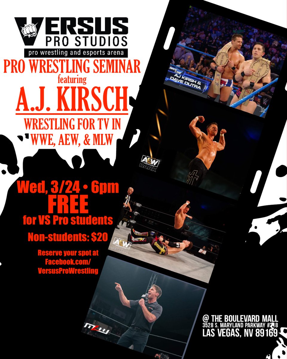 AJKirsch's tweet photo. 🔥THIS WEEK🔥
Tue, March 23 - @Vegas
@LingerieFC
Order: https://t.co/GQghuL69O1
Wed, March 24 - #Vegas
Wrestling for TV in @WWE/@AEW/@MLW seminar at
@VersusProStudio
Claim your spot: https://t.co/d8HoyX6CCS
Preview & subscribe to @TheToughTalkPod NOW: https://t.co/2kk2uGFJ08 https://t.co/zRH61NObVs