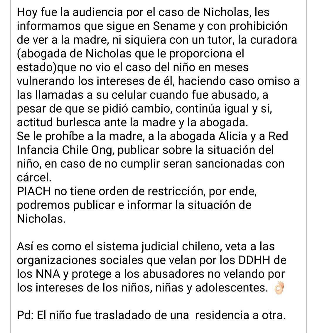AnonCLEsp's tweet photo. Amigos, su madre y abogada quedaron imposibilitadas de visibilizar su caso de manera pública, ayuden dando RT para que todo Chile se entere, Nicholas ha sufrido cosas aberrantes, necesita estar con su mamá. No más sename https://t.co/7wLpXb9ipG