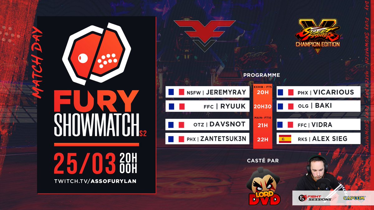FuryVS_'s tweet photo. 🟠 IT'S TIME ‼️ FOR THE MAIN EVENT OF THE DAY ‼️ S2
With @lorddvdjaws 🎙️

🥊 Take a seat around the #octagon for the 6th #FuryShowmatch of Season 2 🛑

📅 March 25th Thursday #REPROG
🕗 From 8pm
📺 https://t.co/DNoJk9bxih

#SFV @capcom_france @FightSessions https://t.co/evTX2yVat0