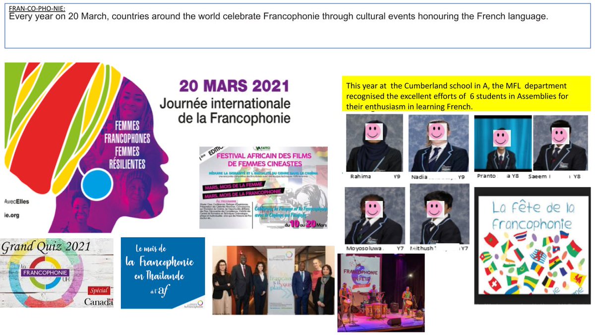 MFL_tcs's tweet photo. La Francophonie - Happy International Francophonie Day! Well, technically it was 2 days ago, but the weekend hasn't stopped us from celebrating! We honoured the French language in its global context in our languages lessons today: 
#Francophonie 
#edutwitter 
@CumberlandE13 https://t.co/XSjtepKPHm
