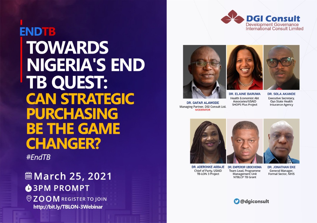 dgiconsult's tweet photo. #WorldTBDay is on Wednesday 24 March 2021 with the theme: 'The Clock is Ticking'. 

Join us on Thursday 25 March 2021 by 3:00 PM (WAT) to discuss the potentials of Strategic Purchasing in the #EndTB journey in Nigeria.

Register at: https://t.co/Vc3pAbCyPX https://t.co/iaU1tq29Qo
