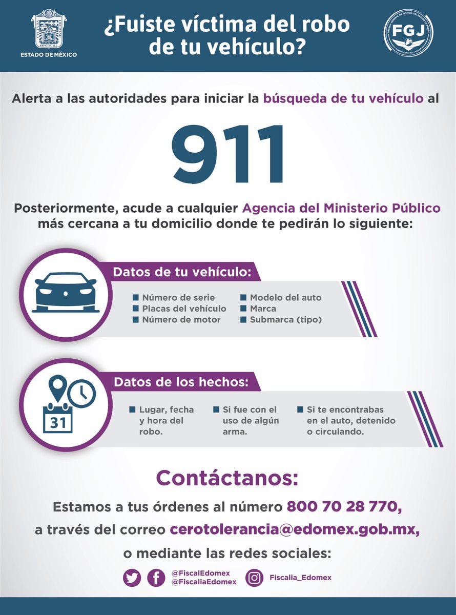 FiscaliaEdomex's tweet photo. Si fuiste víctima del robo de tu vehículo, realiza el reporte de inmediato al 911 y sigue las siguientes recomendaciones. 
#FiscalíaEdoméx #DenunciaFGJEM https://t.co/Bw2vuSHhdf