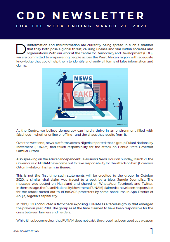 CDDWestAfrica's tweet photo. CDD NEWSLETTER: Over the weekend, news platforms across Nigeria reported that a group Fulani Nationality Movement (FUNAM) had taken responsibility for the attack on Benue State Governor Samuel Ortom. Read our weekly disinformation newsletter here 👇
https://t.co/XRHe1CUEN7 https://t.co/LxZ301SgY6