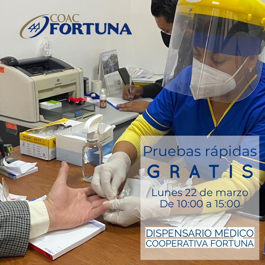 CoopFortuna's tweet photo. Invitamos a nuestros socios y a la ciudadanía en general a practicarse la prueba rápida para detectar el COVID-19.
Lunes 22 de Marzo de 10:00 a 15:00 en el Dispensario Médico de la Cooperativa Fortuna ubicada en la calle Bolívar e Imbabura esquina. https://t.co/qBqVnHubBB
