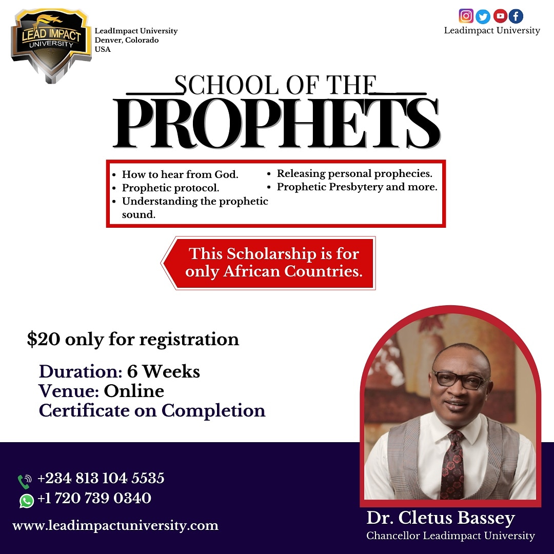 DrCletusBassey's tweet photo. SCHOLARSHIP ALERT!!!

Earn a Certificate from the School of the Prophets with only $20 registration fee @LeadimpactUni

Click https://t.co/nmsr54AEQU 
#schoolofprophets
#scholarshipopportunities
#studyabroadonline https://t.co/CK1P0l4x64