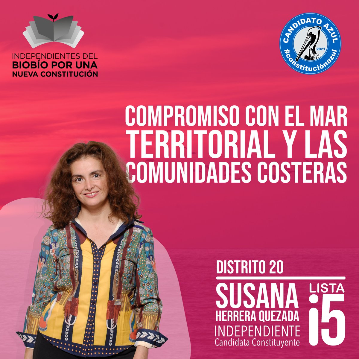 Indbiobio's tweet photo. @susanaherreraq Mi compromiso con el mar y sus comunidades me hace la única CANDIDATA AZUL del Distrito 20. Llevar a la constitución el reconocimiento de nuestro mar y su gente será mi tarea. 
#distrito20 #constituyente #independiente https://t.co/m3Szy9PitX