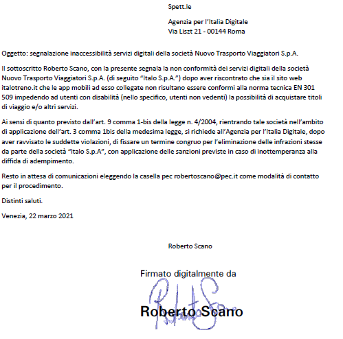 rscano's tweet photo. Ho inviato ora a @AgidGov la prima segnalazione in tema di mancata conformità alla normativa su #accessibilità da parte di aziende. Nello specifico @ItaloTreno. Per sapere di cosa parlo: https://t.co/8VYv3cPoor https://t.co/Vg5zW0gi8f