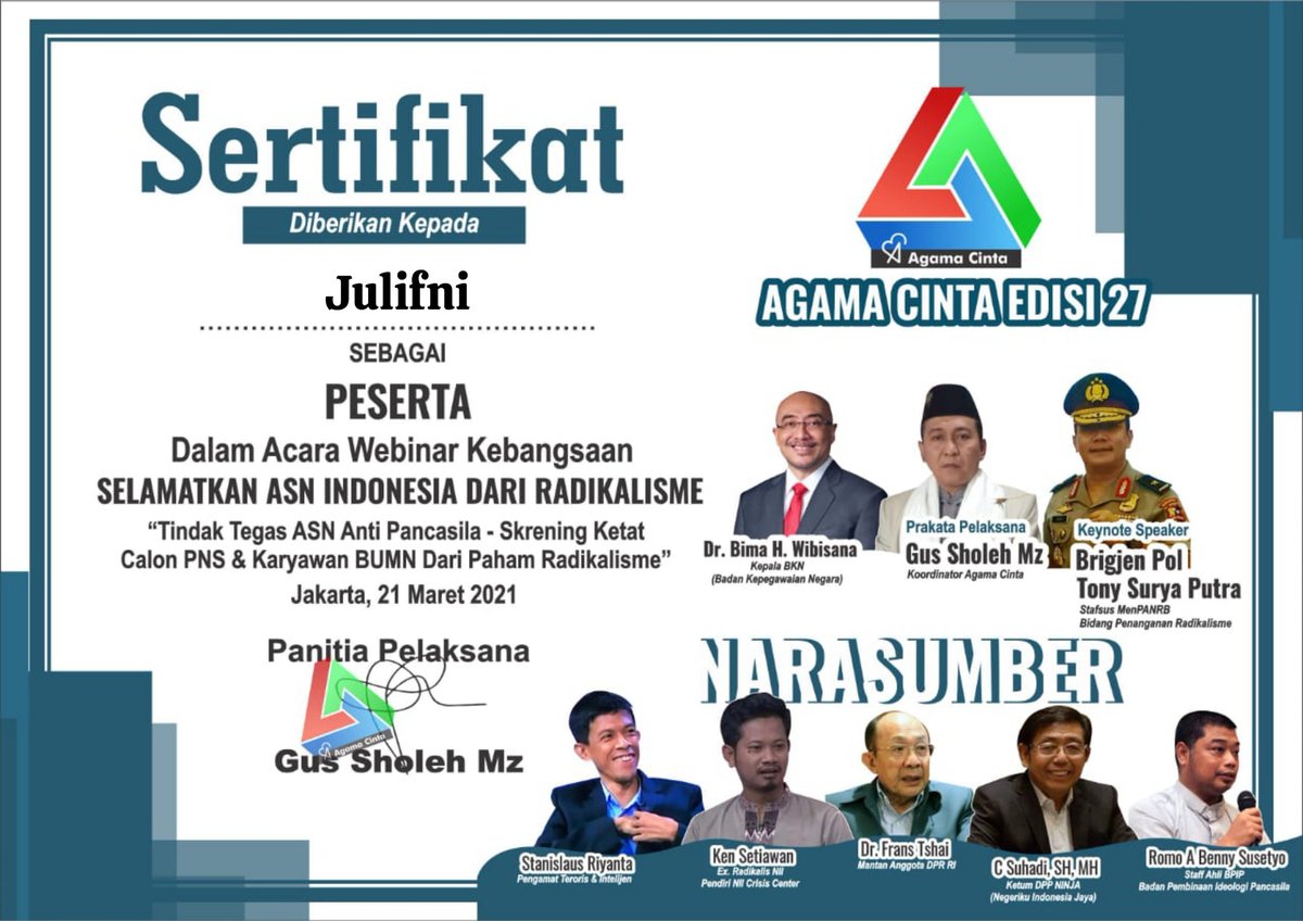 AgusSho62811788's tweet photo. 📜 E-SERTIFIKAT PESERTA
-
2| ALBUM E-SERTIFIKAT NARSUM & PESERTA
https://t.co/Jg5ikRNJkP
1| https://t.co/ICyrm3ZSuR
Webinar :
"SELAMATKAN ASN INDONESIA DARI RADIKALISME"
°Tindak Tegas ASN Anti Pancasila.
Minggu, 21 Maret 2021
#AC_Edisi27
#AgamaCinta
#MENPAN_RB
#BPIP_RI https://t.co/TwSjs8i3sC
