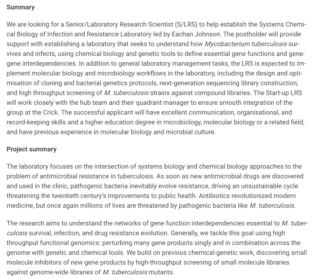 Eachan Johnson (@eachanjohnson) on Twitter photo Our lab at <a href="/TheCrick/">The Francis Crick Institute</a> is looking for a Laboratory Research Scientist interested in bacterial genetics, #TB, #AMR, chemical biology, and/or high throughput screening.
Come work at a vibrant, collaborative research institute and help us #stopsuperbugs!
crick.wd3.myworkdayjobs.com/External/job/L… Our lab at <a href="/TheCrick/">The Francis Crick Institute</a> is looking for a Laboratory Research Scientist interested in bacterial genetics, #TB, #AMR, chemical biology, and/or high throughput screening.
Come work at a vibrant, collaborative research institute and help us #stopsuperbugs!
crick.wd3.myworkdayjobs.com/External/job/L…