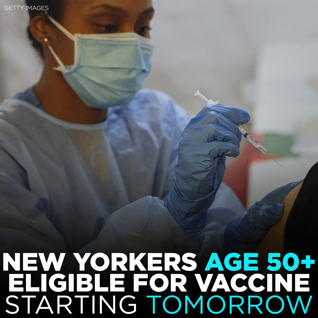 ABC7NY's tweet photo. GOOD NEWS: Governor Cuomo made a big announcement on vaccine eligibility in the state of New York -- residents ages 50 and older are now eligible for the COVID-19 vaccine starting on Tuesday! 💉🙌🏻 https://t.co/nR4H124Cns https://t.co/9MI9dz2kom