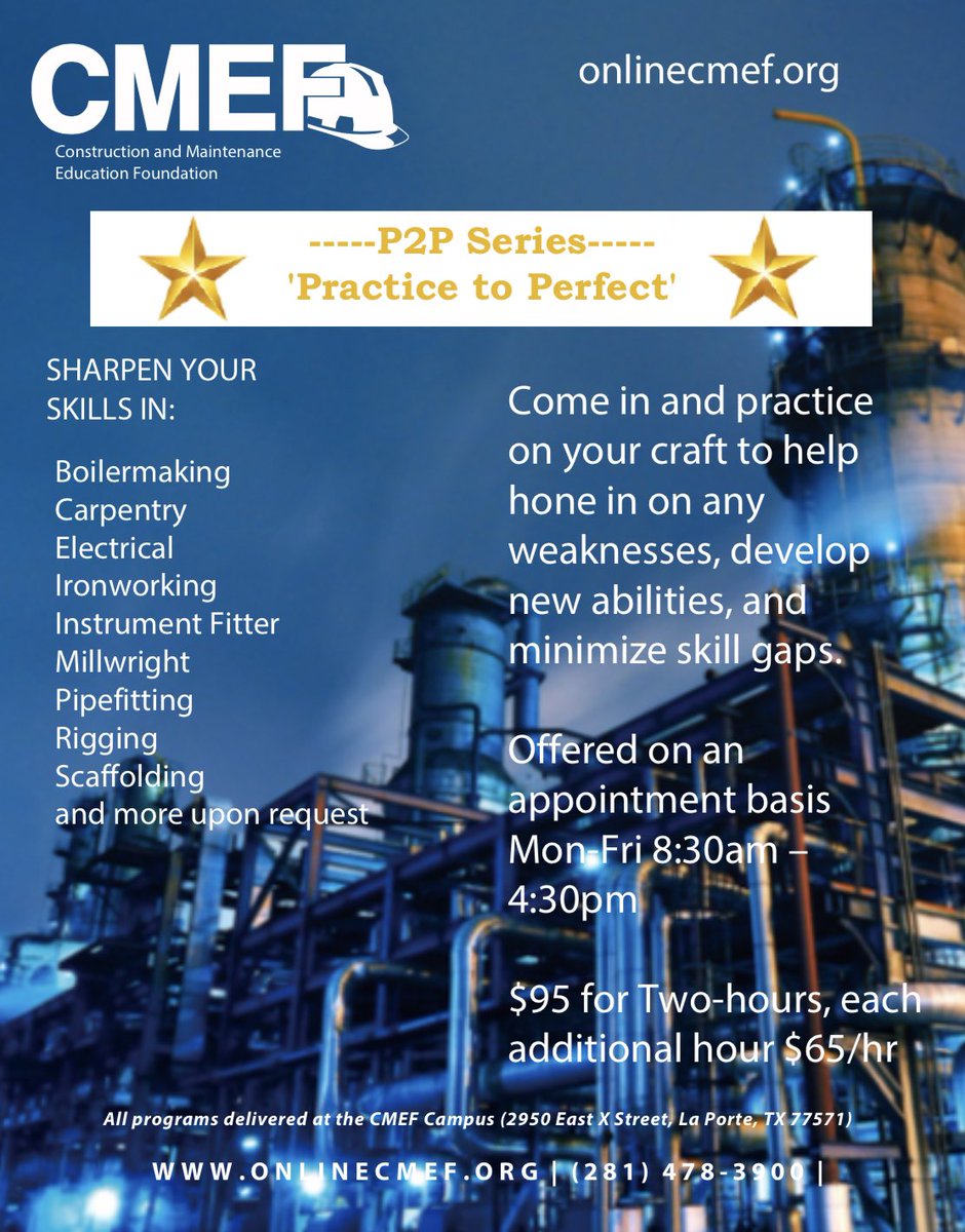 CMEF is now offering Extra time to sharpen your skills in certain crafts!
If you are struggling in a certain craft give us a call, and we will make sure you get the help you are needing!
This is a great opportunity to develop certain skills one on one with an Instructor.