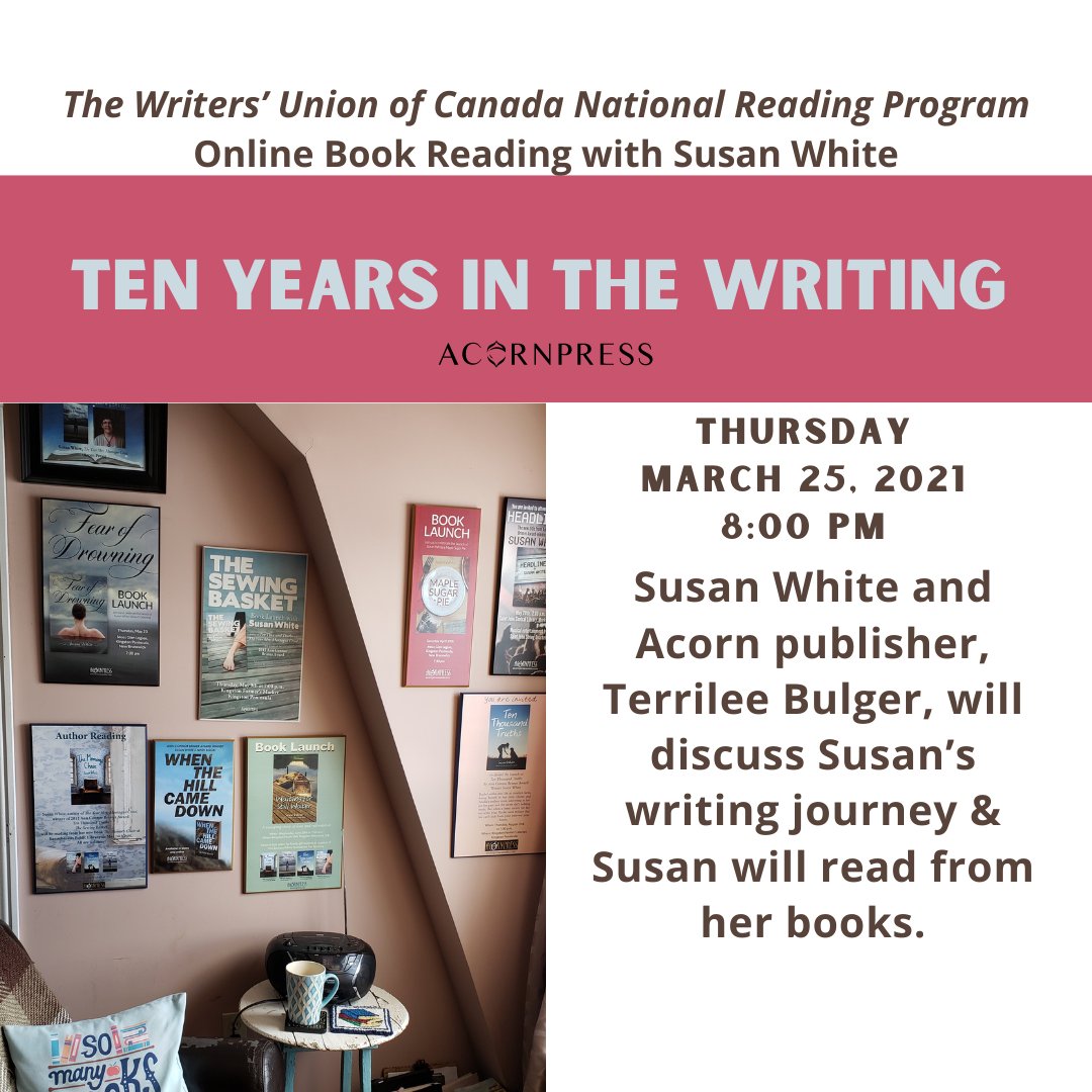 Gen_Loughlin's tweet photo. Imagine setting a goal to publish a book a year for the next twenty years? Slightly ahead of schedule (2 books coming in 2021),  Susan White will be chatting about her journey at this online event. @twuc @SusanWhite4568 https://t.co/SsolHqV1I2