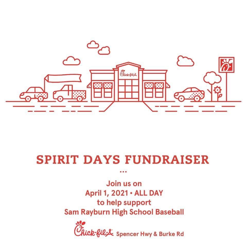 Come out to Chick-fil-a on Spencer and Burke April 1st and support Sam Rayburn Baseball!! You must mention this ad or show it! <a href="/SamRayburn_HS/">Sam Rayburn High School</a>