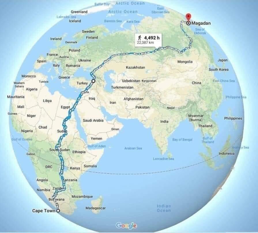 cassandraaragon's tweet photo. El camino más largo del mundo para caminar, es desde Ciudad del Cabo (Sudáfrica) hasta Magadán (Rusia). 
No hay necesidad de aviones o barcos, hay puentes. 
Son 22.387 Km y se necesitan 4.492 horas para recorrerlo! Te animarías? https://t.co/DxAEs0gk5u
