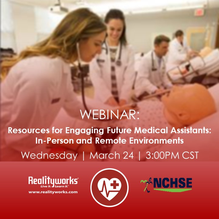 RealityworksInc's tweet photo. Discover resources to engage medical assistant students remotely or in person during this free webinar with @NCHSE3. Register here to save your spot: https://t.co/8gzmysbk45
#softskills #bloodpressure #suturing #ECG #phlebotomy #injections #bandaging #woundcare #curriculum https://t.co/ku5On1ZKYi