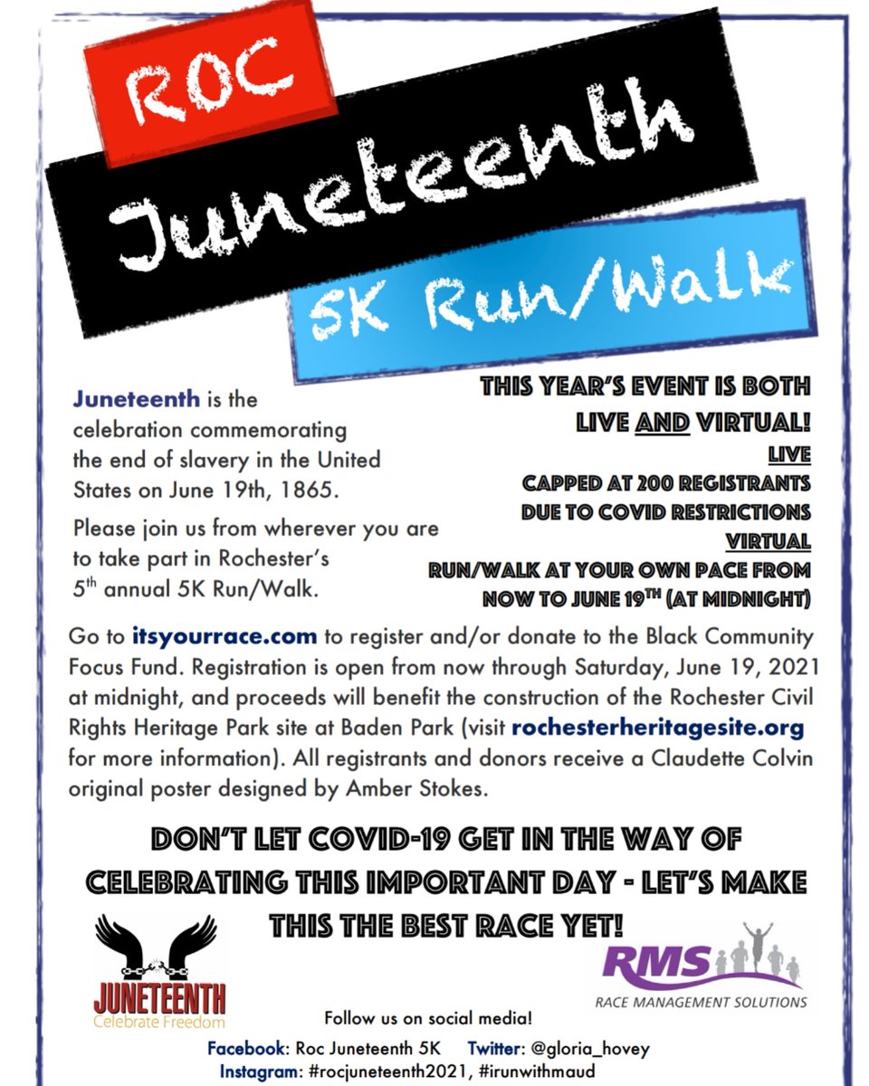 gloria_hovey's tweet photo. Please join us for our 5th annual Roc Juneteenth 5k Run/Walk both a Virtual and Live Event 🙌🏾 https://t.co/49auXDgRDU
