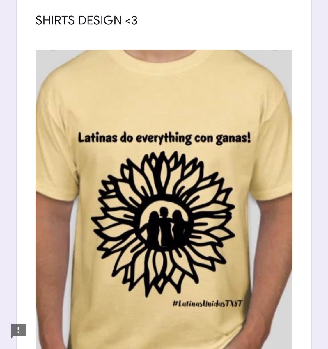 LatinasUnidasTX's tweet photo. Hi y’all! Just wanted to let y’all know these are our LU shirts this year. The shirts are $12, with a $6 down payment. You can get as many as you want, either for yourself or a friend.🌻 The $6 down payment will be due this Thursday &amp; the other $6 when you get your shirt🙌🏼 https://t.co/YTNBPQ4hDS