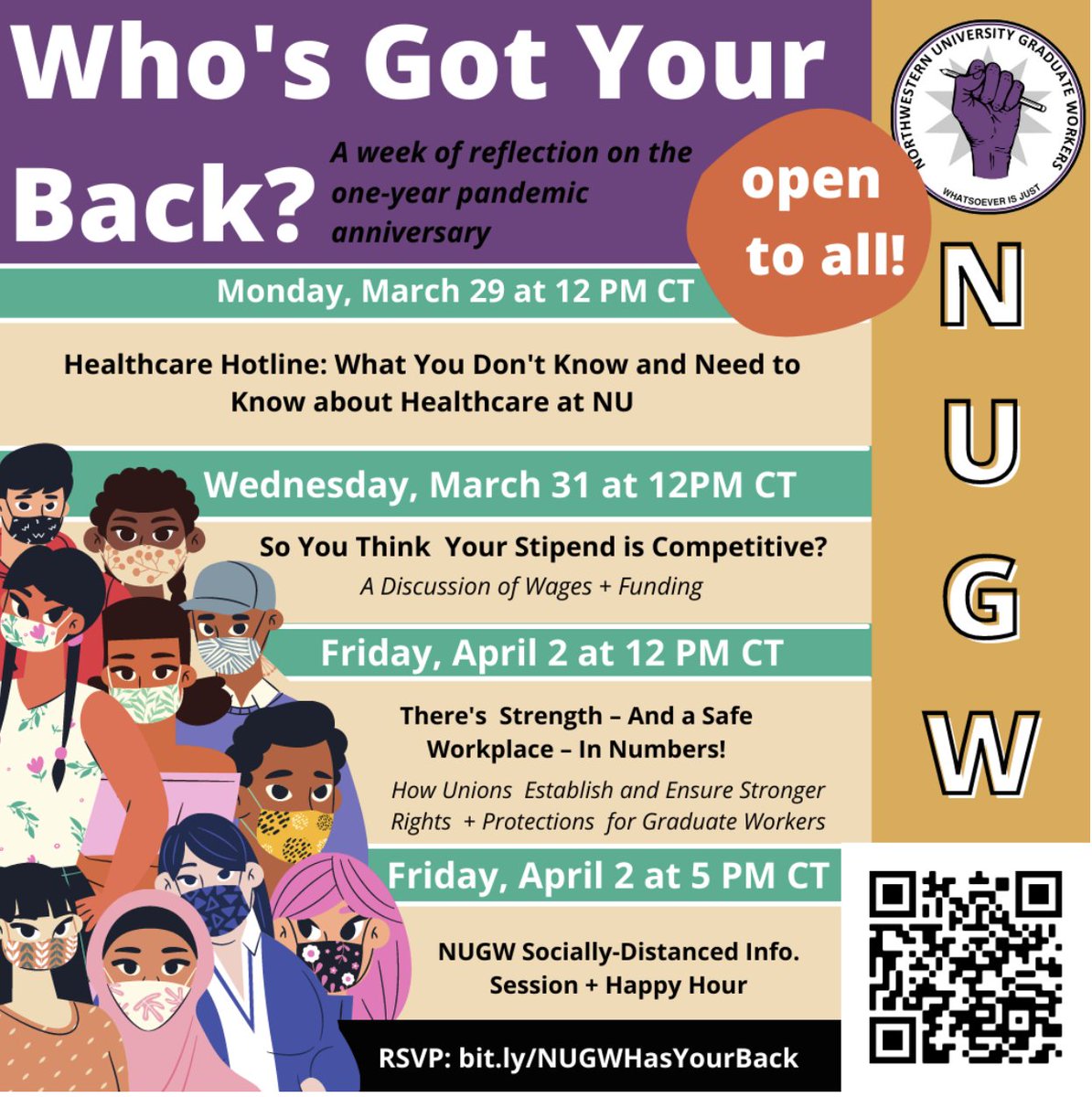 🥁 *drumroll please* 🥁 announcing NUGW's "Who's Got Your Back" week of events (next week!) marking one year since the pandemic began, talking about  healthcare, wages, &amp; grievances - and how a democratic and mobilized grad worker union helps us win big. bit.ly/NUGWHasYourBack