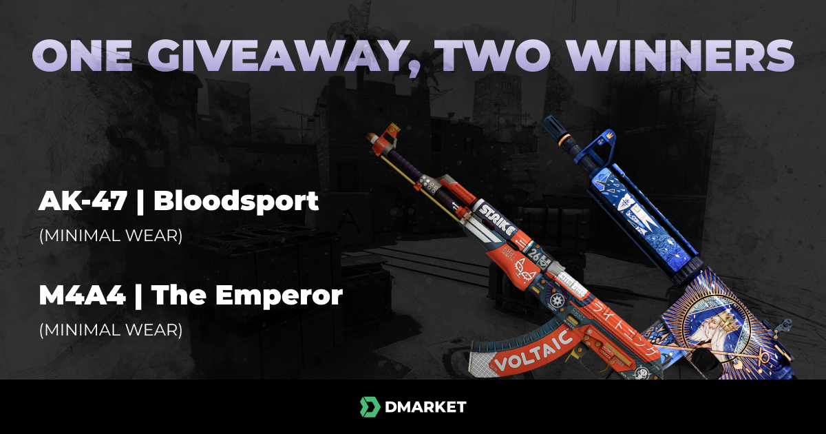 DMarket's tweet photo. ✌️ Non-ordinary Giveaway this week! 
We’ve got two skins for TWO WINNERS! ⚡ 
One of you receives 💎 AK-47 | Bloodsport (Minimal Wear) &amp; the other one - 💎 M4A4 | The Emperor (Minimal Wear)! 
Cool, huh? We start in 3, 2, 1 💥 https://t.co/ndIrSQPL1k https://t.co/AN0o7HzgEV