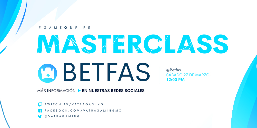 #CLASHROYALE | MASTERCLASS 🏆
Estamos más que felices de anunciar nuestra primer masterclass con el gran <a href="/Betfas/">Betfas</a> 

Para asistir:
Sigue a <a href="/Betfas/">Betfas</a> 
Sigue a <a href="/VatraGaming/">VatraGaming</a> 
RT, FAV y etiqueta de 2 amigos

🗓️Sábado 27 de marzo
🕘12:00 🇲🇽
#GAMEONFIRE