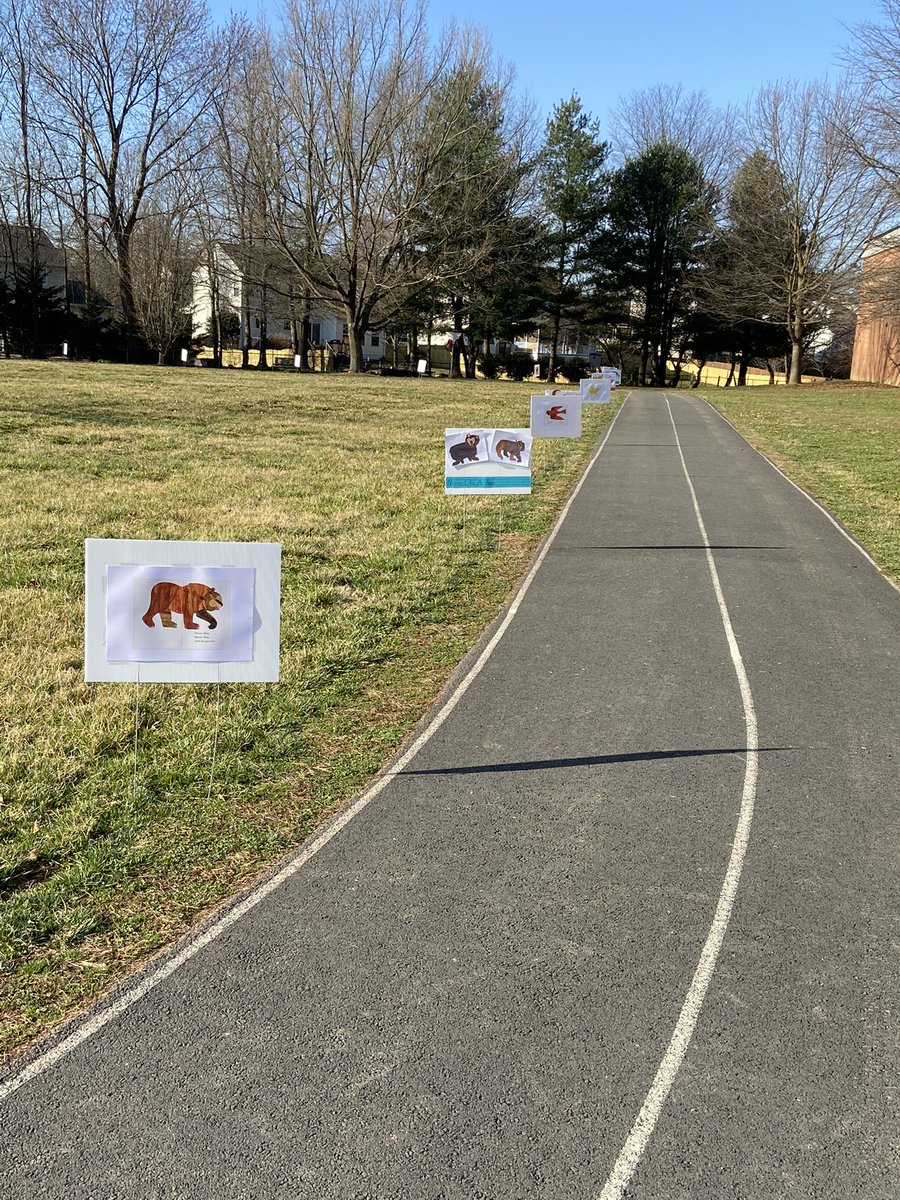 LibraryEmerick's tweet photo. Our first Story Walk is complete! Come by the track this week Emerick Readers and enjoy a fun stroll.  Can you bear walk? Jump like a frog? Walk like a horse? Do it all as you enjoy Brown Bear, Brown Bear by Eric Carle. @emerickelem1967 @AllderAllStars https://t.co/MrD5WZutHa