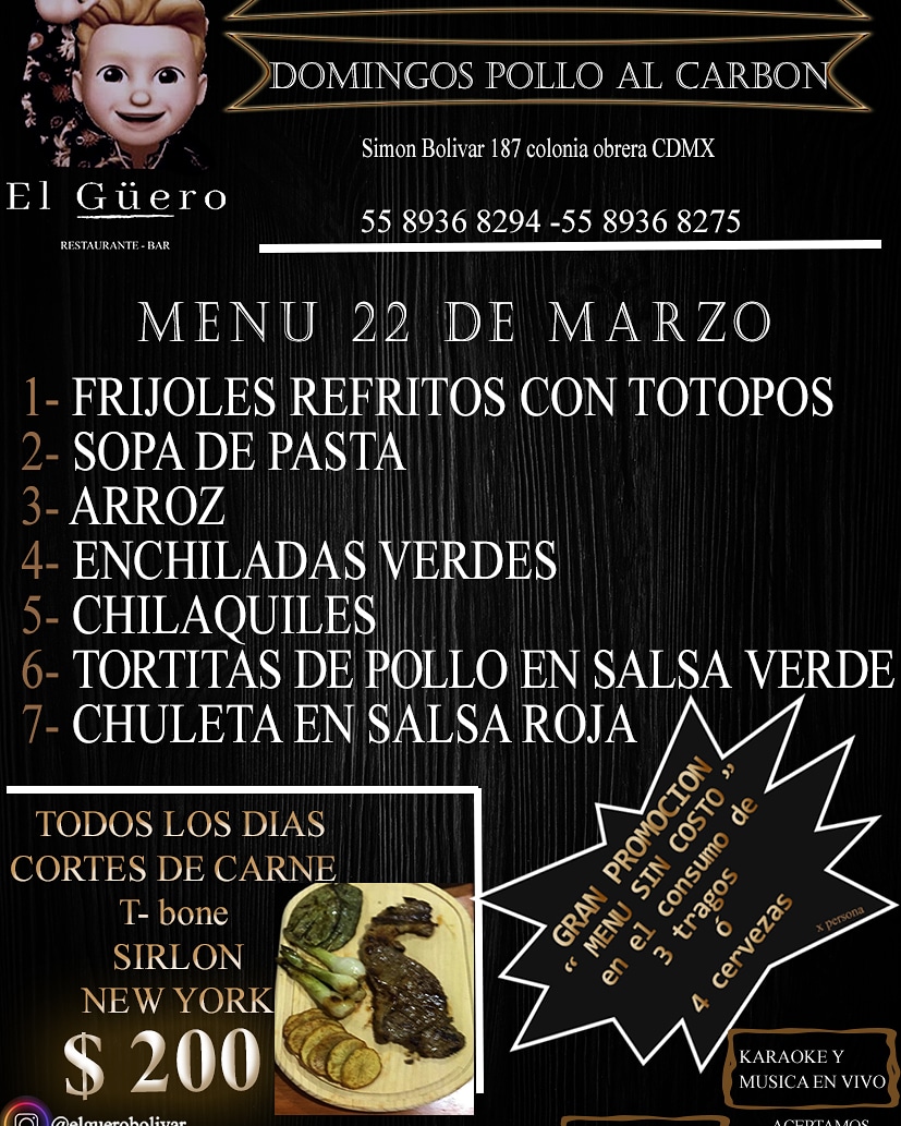 GueroBar's tweet photo. Menu 22 de marzo 
Del güero para el mundo

Simón Bolívar número 187 Ciudad de México https://t.co/yoSTqbSmnr
contamos con todas las medidas de sanidad con respecto al covid-19 
#restaurante   #bares #comida #ColoniaObrera #coliniadoctores #coloniatransito  #mexico #parati  #love https://t.co/AtusoH0Vx2