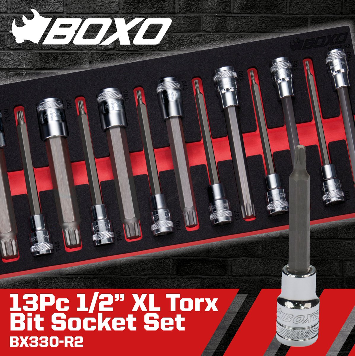 boxotoolsuk's tweet photo. Our 13Pc 1/2" XL Torx Bit #SocketSet provides an extra long 150mm socket length for those hard to reach applications!

Sizes: T20, T25, T27, T30, T40, T45, T50, T55, T60, T70, T80, T90, T100

#Shop this product on our UK website > https://t.co/XxyweXtlsD

#BOXOUK #TorxSocketSet https://t.co/q6ipP2CWvi