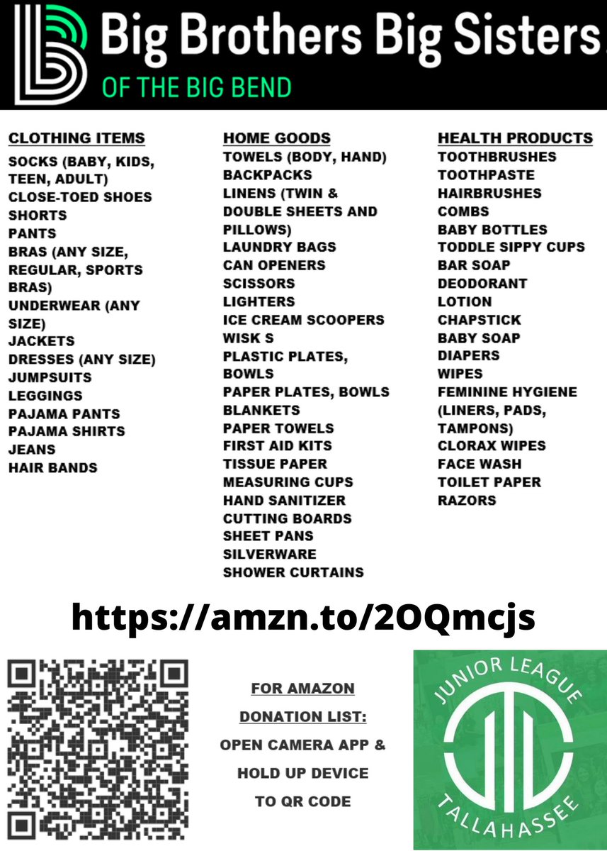 ArmbrusterTracy's tweet photo. @JLTally's Teen Board is having a donation drive for @BBBSBigBend. Click on the link to find out what items are needed and when you can drop off your donation at the Junior League House. https://t.co/5n2ThYV6L1