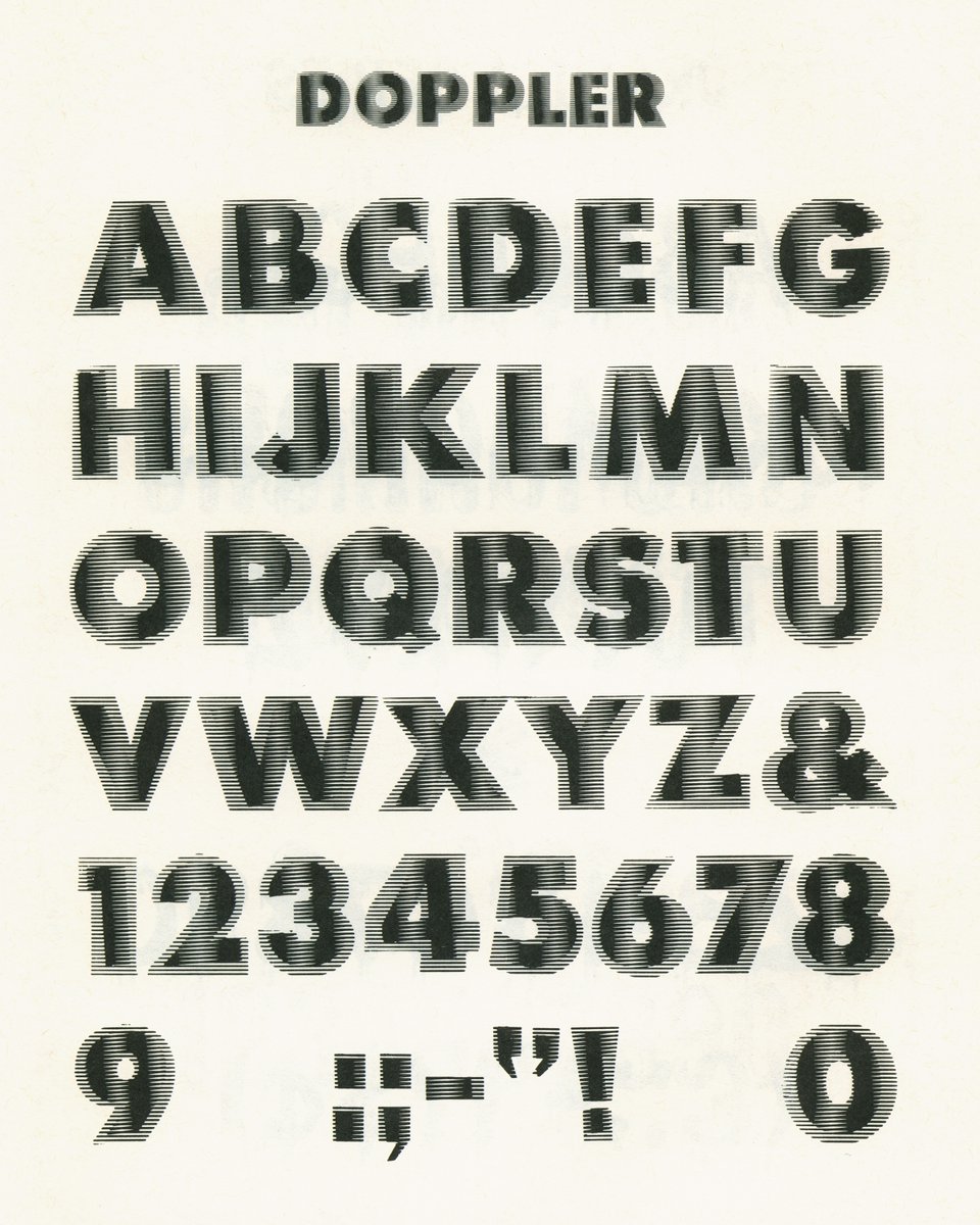 Doppler, Special Effects and Topical Alphabets, Selected and Arranged by Dan X. Solo from the Solotype Typographers Catalog, Dover Publications, New York, 1978. A similar face that employs the same concept is shown in Photo-Lettering’s One Line catalog (1971) as Papirtis Dazzle.